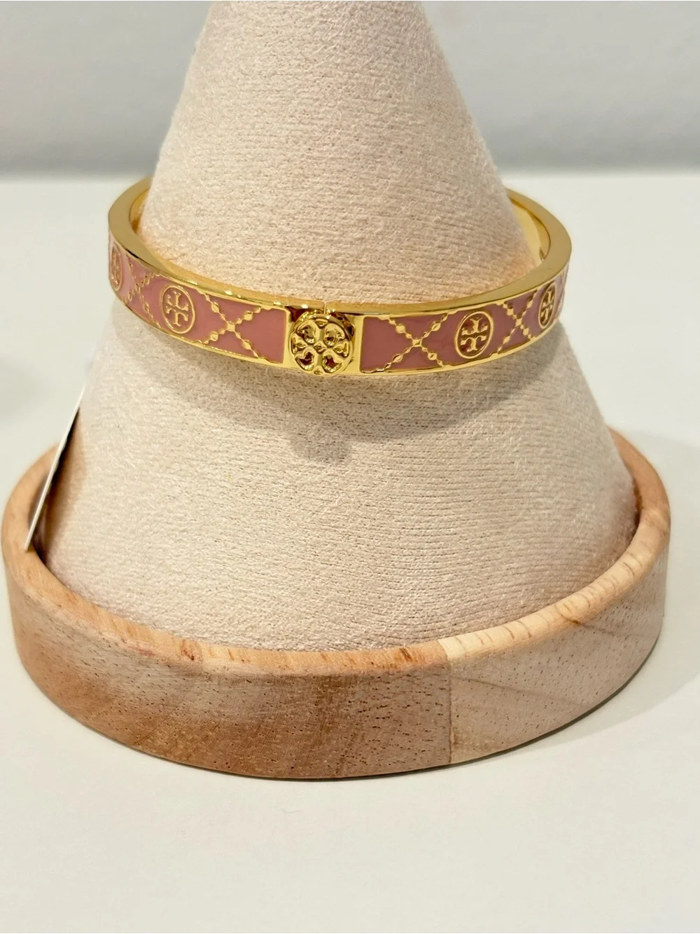 Tory Burch Pink Enamel Gold-Tone Logo Bangle Bracelet